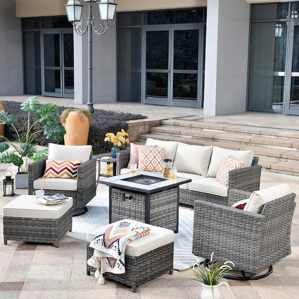 OVIOS Positano Gray 7-Piece Wicker Patio Fire Pit Conversation Set with Beige Cushions and Swivel Rocking Chairs