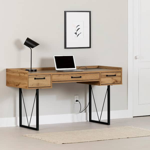 Finneas 59.5 in. Rectangle Nordik Oak Particle Board 3-Drawers Desk with Power Stip