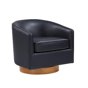 Irving Midnight Blue Faux Leather Wood Base Barrel Style Swivel Accent Chair