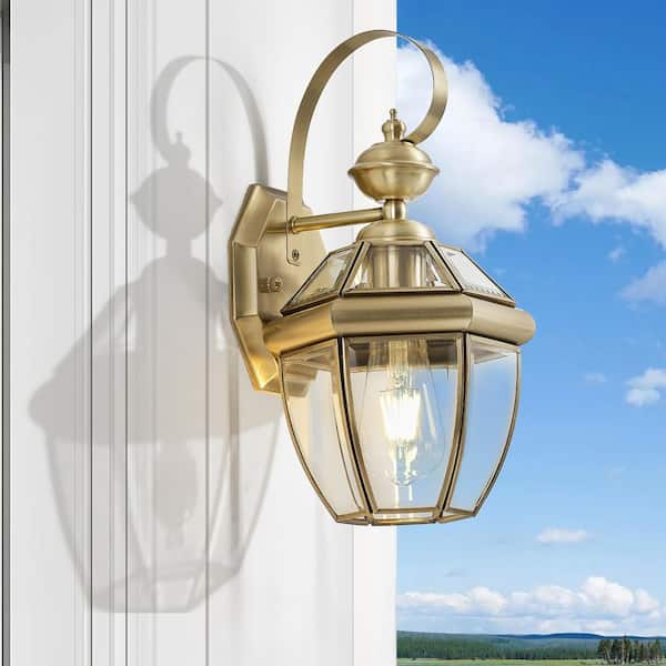 1-Light Transitional Brass Outdoor/Indoor Clear Glass Lantern Wall Sconce