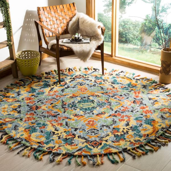 Blossom Blue/Multi 6 ft. x 6 ft. Round Floral Diamond Area Rug