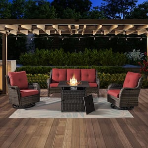 ArcoBay 4-Piece Gray Wicker Patio Square Fire Pit Conversation Set with Red Cushions and Swivel Rocking Chairs