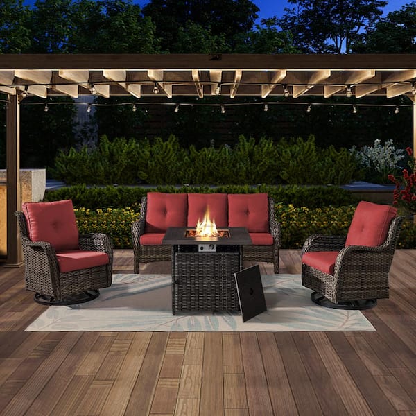 Opohoro ArcoBay 4-Piece Gray Wicker Patio Square Fire Pit Conversation Set with Red Cushions and Swivel Rocking Chairs