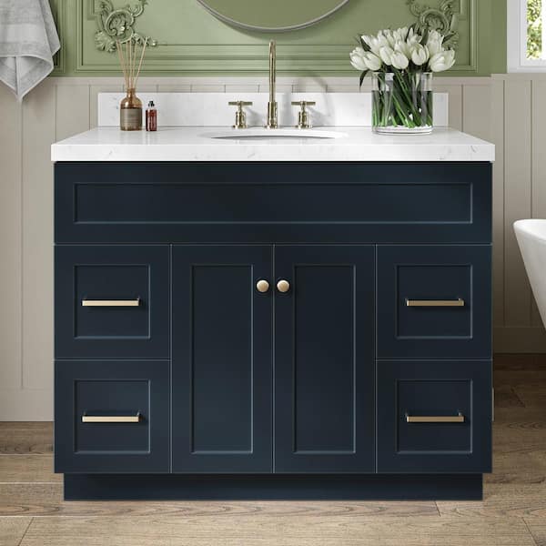 ARIEL Hamlet 42.25 in. W x 22 in. D x 36 in. H Single Sink Freestanding Bath Vanity in Midnight Blue with Carrara Quartz Top