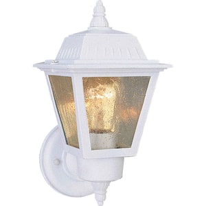 White Hardwired Outdoor Coach Light Sconce with Clear Seedy Glass