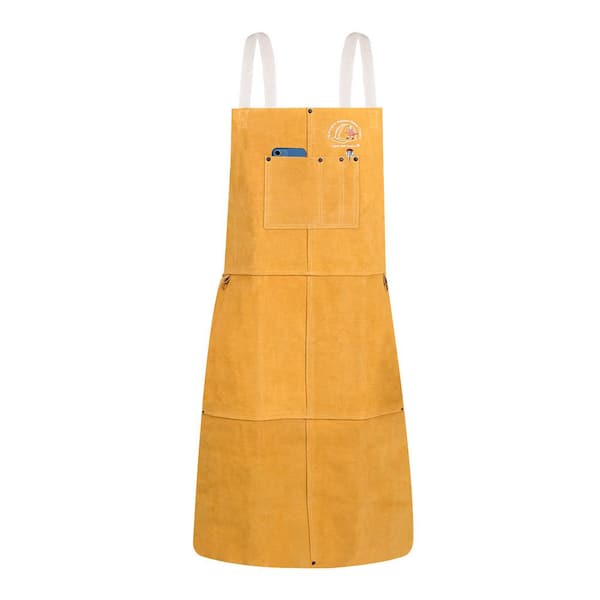 Heavy-Duty 24 in. by 42 in. Extra Large Yellow Leather Multi-Pocket Apron w/ Adjustable Strap and Buckle Welding Mittens