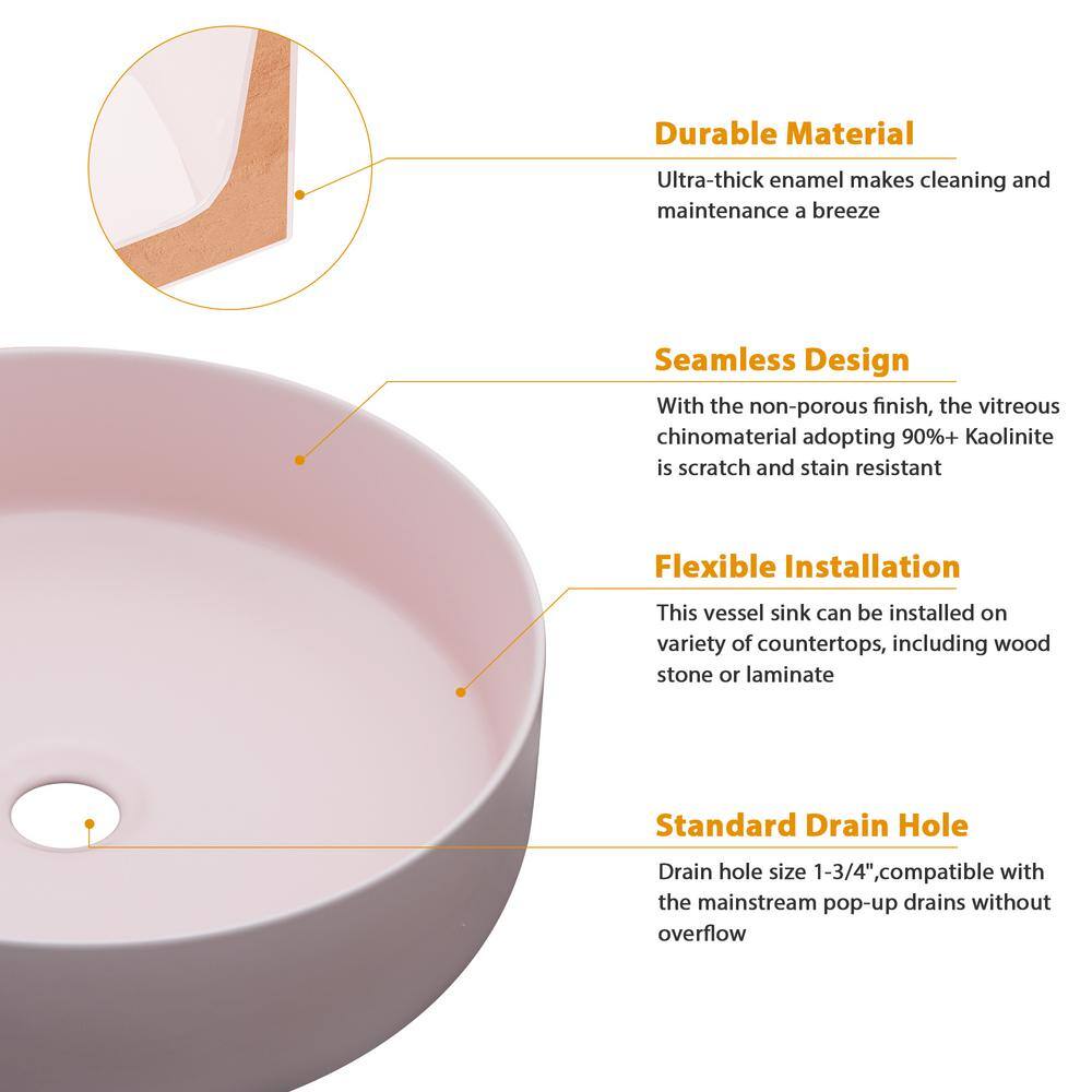 16" Pink Round Ceramic Vessel Bathroom Sink