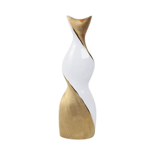 20 in. White and Gold Ceramic Geometric Twisted Decorative Vase