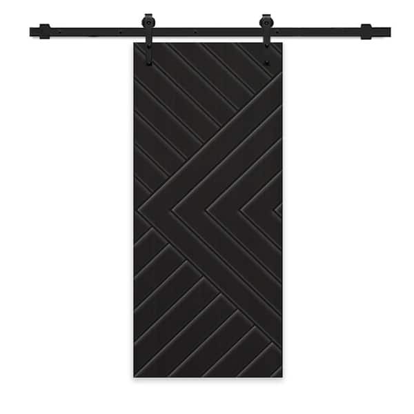CALHOME Chevron Arrow 34 in. x 84 in. Fully Assembled Black Painted MDF Modern Sliding Barn Door with Hardware Kit