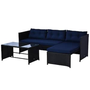 3-Piece Metal Patio Conversation Set with Blue Cushions, 1 Sofa, 1 Chaise, and 1 Coffee Table