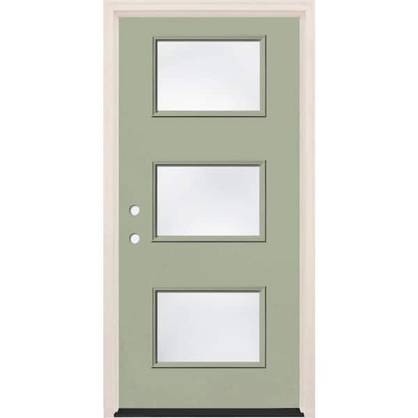 Builders Choice 36 in. x 80 in. Right-Hand/Inswing 3-Lite Clear Glass Cypress Painted Fiberglass Prehung Front Door w/4-9/16 in. Frame
