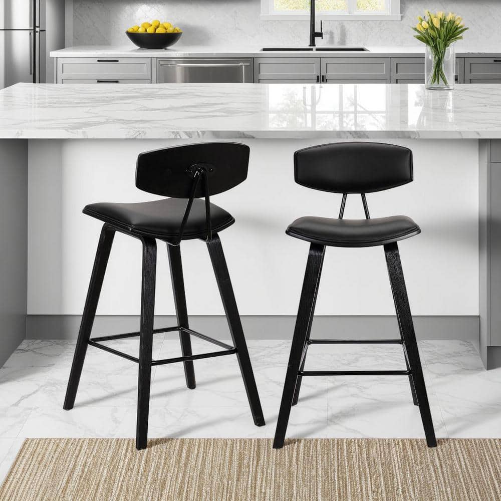 Fox 25.5 in. Mid-Century Counter Height Bar Stool in Black Faux Leather wit