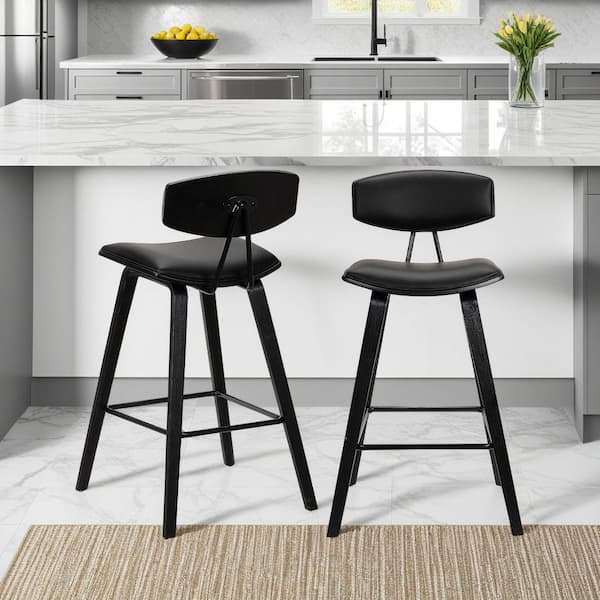Armen Living Fox 25.5 in. Mid-Century Counter Height Bar Stool in Black Faux Leather with Black Wood