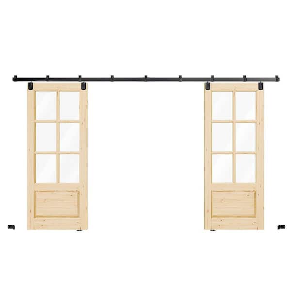 72 in. x 80 in. Universal/Reversible 6-Lite 3/4 Clear Glass Unfinished Pine Wood Barn Door Slab with Hardware Kit
