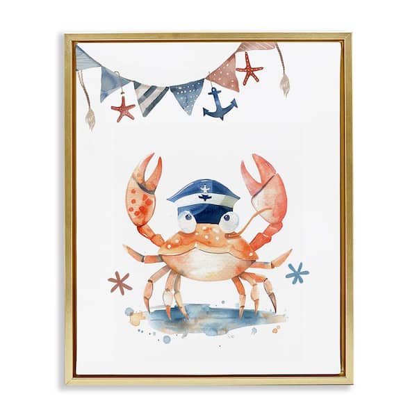 Stupell Industries Crab in Sailor Hat by LSR Design Studio Gold Floater Frame Animal Graphic Art Print 21 in. x 17 in.