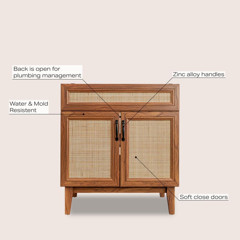 Javer 30" Walnut Rattan Modern Farmhouse Bath Vanity Cabinet