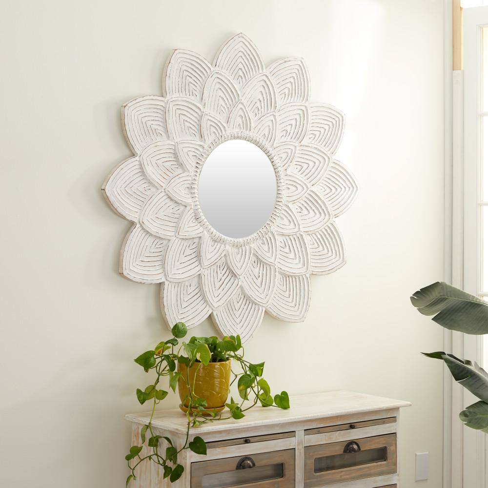 White Carved Floral Round Wood Wall Mirror