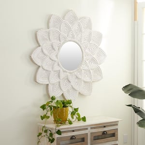48 in. x 48 in. Carved Round Framed White Floral Wall Mirror with Overlapping Petals