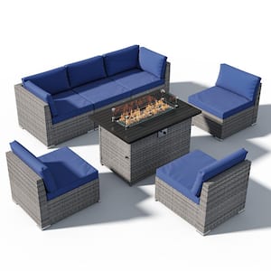 7-Piece Outdoor Wicker Patio Furniture Set with Fire Table, Dark Blue