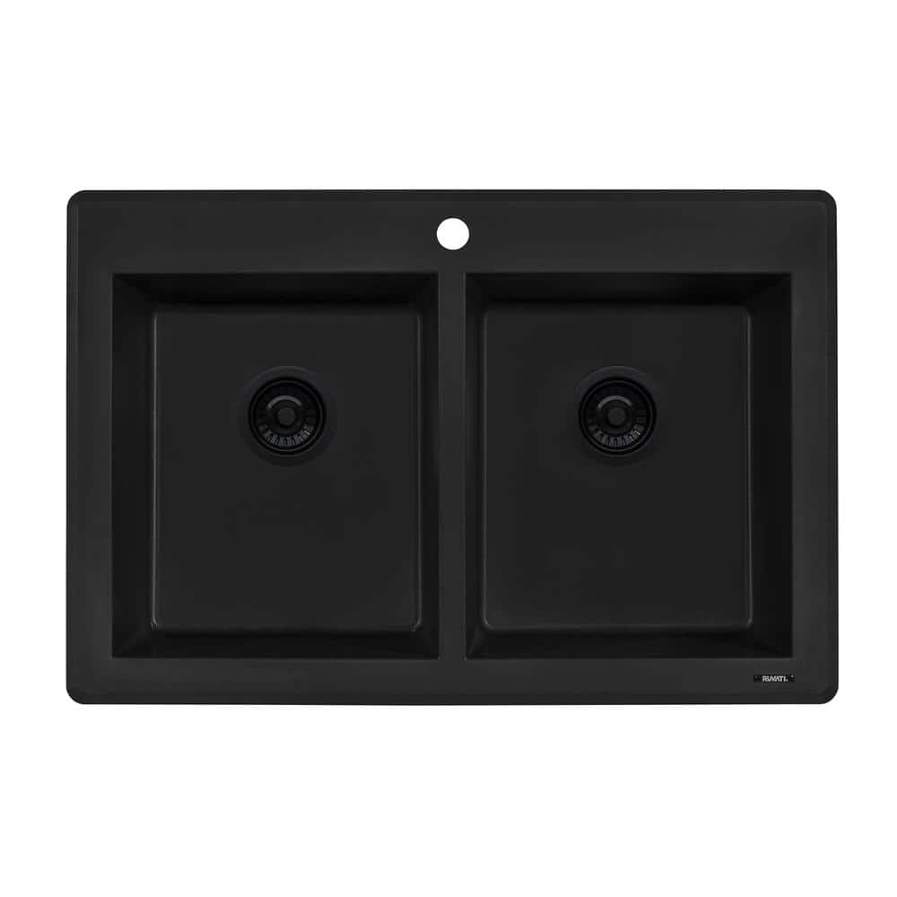 Midnight Black Granite Composite Double Bowl Drop-In Sink