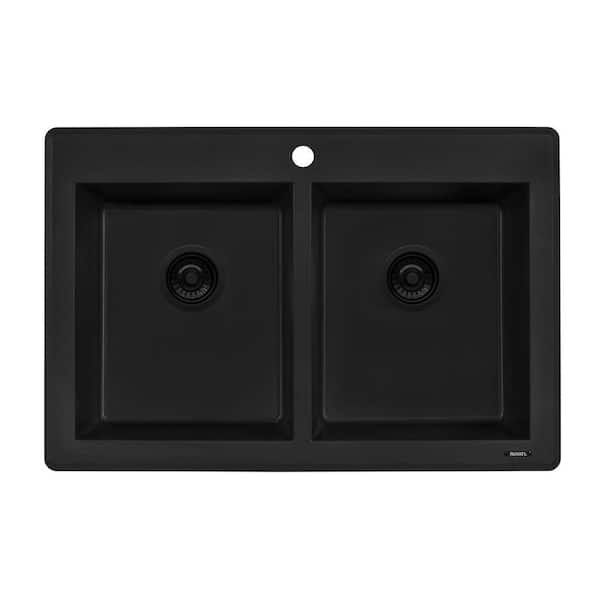 epiGranite 33 in. Drop-in Topmount 50/50 Double Bowl Kitchen Sink in Midnight Black Granite Composite
