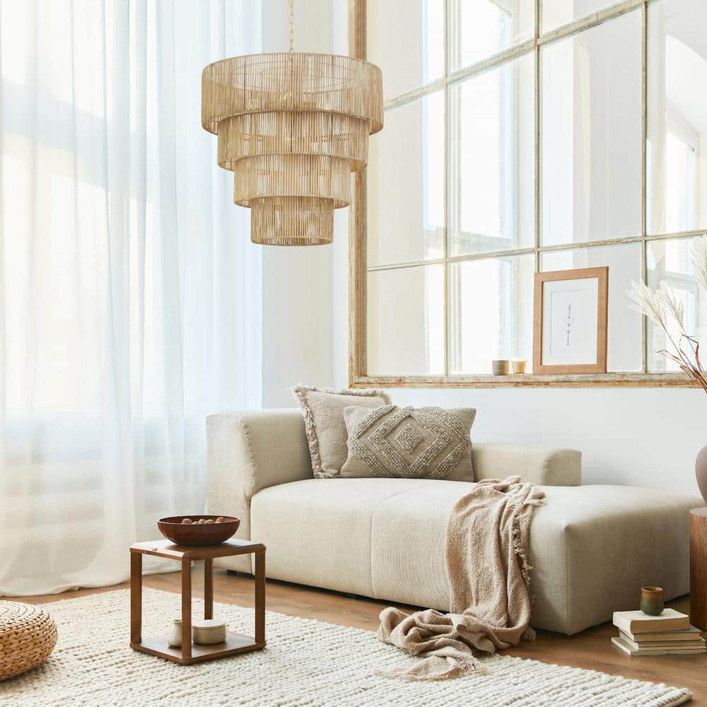 Distressed Gold 4-Tier Rattan Drum Pendant Light
