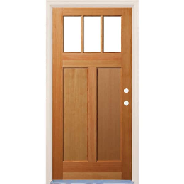 Builders Choice 36 in. x 80 in. 2 Panel Left-Hand/Inswing Craftsman 3 Lite Clear Low-E Glass Unfinished Fir Wood Prehung Front Door