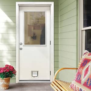 30 in. x 80 in. Reliant Series Clear Half Lite LHOS White Primed Fiberglass Prehung Back Door with Small Cat Door