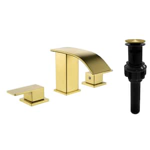 8 in. Widespread Double Handle Bathroom Faucet with Drain Assembly, Bathroom Sink Faucet for 3 Holes in Brushed Gold