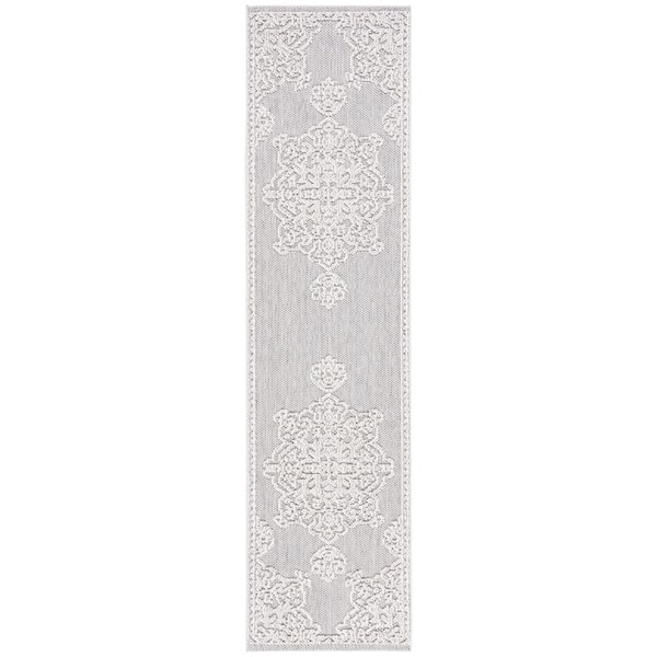 Global Gray/Ivory 2 ft. x 8 ft. Ornate Border Medallion Indoor/Outdoor Runner Rug