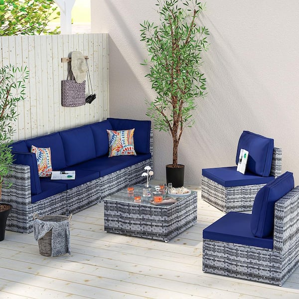 Unbranded 7-Piece Light Gray Rattan Wicker Outdoor Patio Sectional Sofa Set with Navy Blue Cushions and 2 Pillows YRK-OUT-6