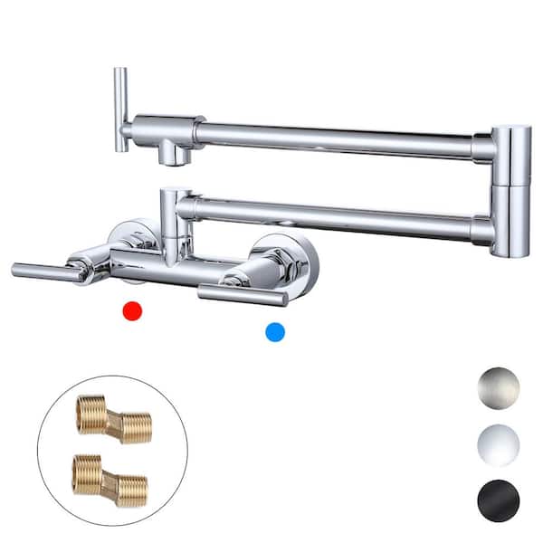 WOWOW Wall Mounted Pot Filler with Hot Cold Water control Double Joint Swing Arm in Chrome