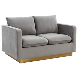 Nervo 55" Mid-Century Modern Upholstered Velvet 2-Seater Loveseat With Gold Frame in Light Grey