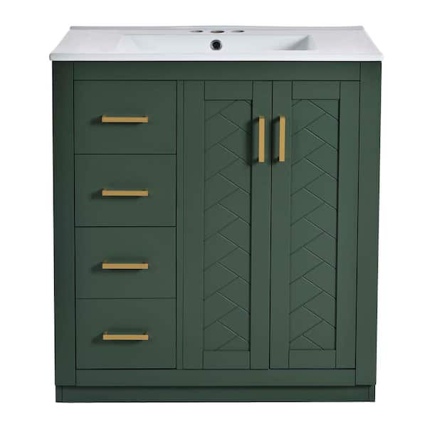 Ziyudura 30 in. Single Sink Freestanding Green Bath Vanity with White Ceramic Top, Ample Storage Space, Gold Handles