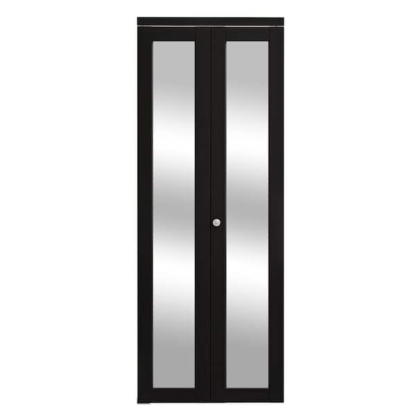 32 in. x 80 in. 1-Lite Mirrored Glass and Solid Core Black Finished Close MDF Bi-Fold Door with Hardware