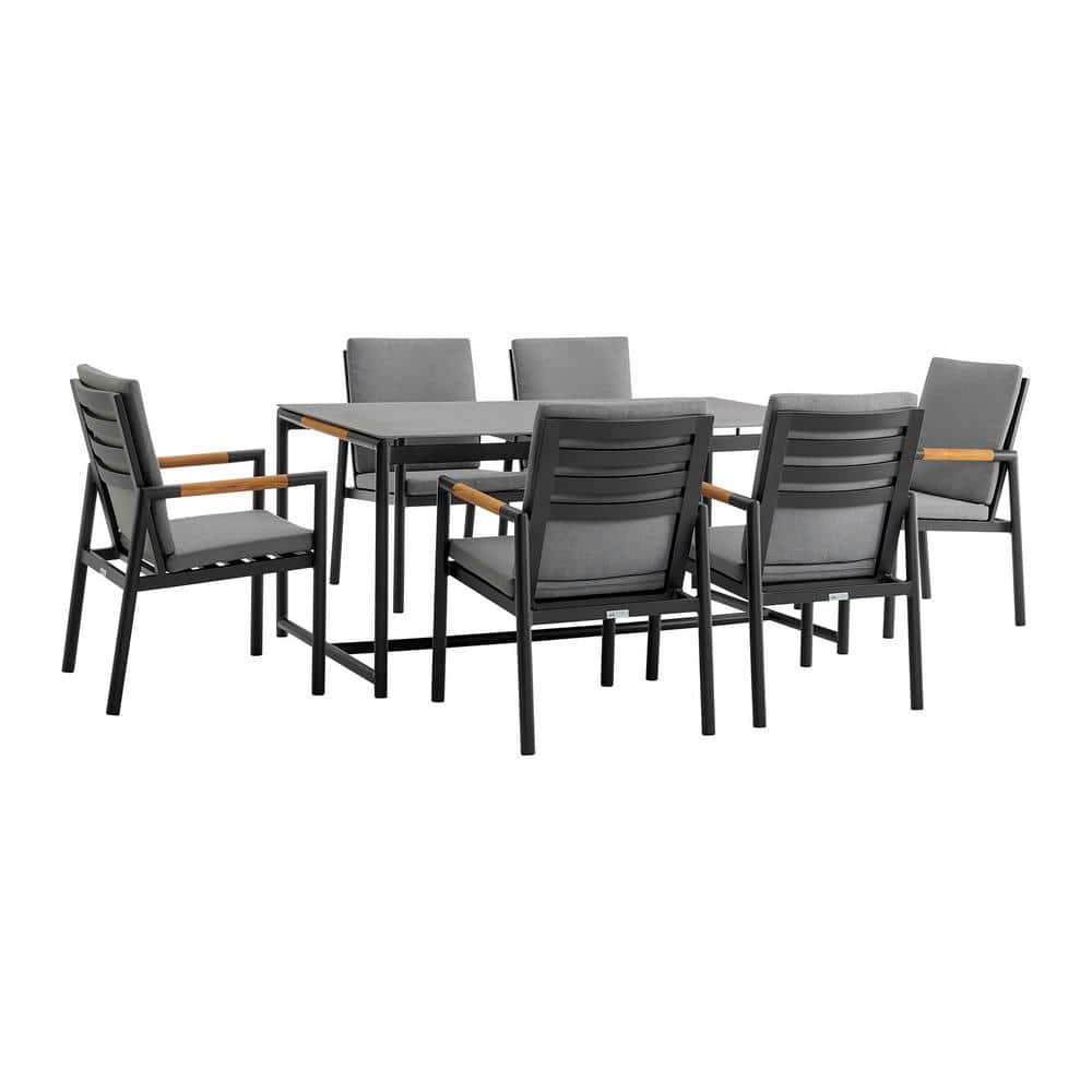Armen Living Royal Black 7-Piece Aluminum Rectangle Outdoor Dining Set with Cushions