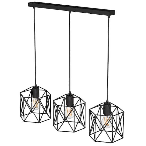 3-Light Industrial Pendant Light with Black Cage Shade, No Bulbs Included