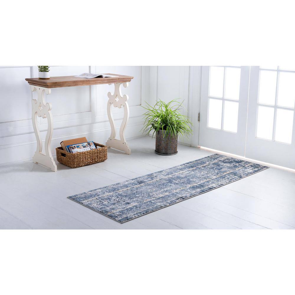 Blue and Ivory Geometric Synthetic Runner Rug