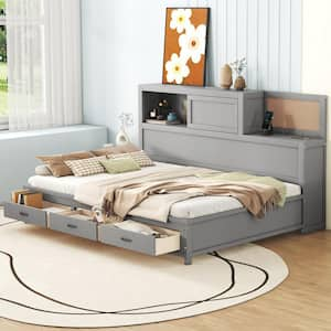 Gray Wood Full Size Daybed with Storage Shelves, 3-Drawers, Cork Board, USB Ports, Slide-Door Compartment