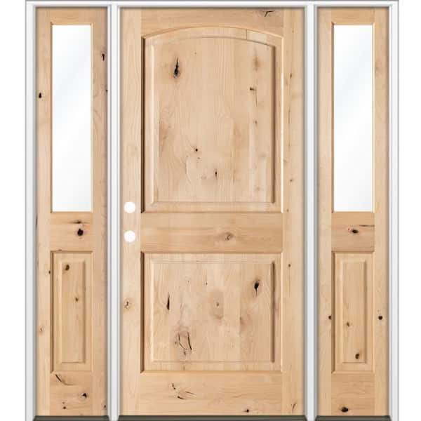 64 in. x 80 in. Knotty Alder 2-Panel Arch-Top Right-H and/Inswing Clear Glass Unfinished Wood Prehung Front Door W/DHSL