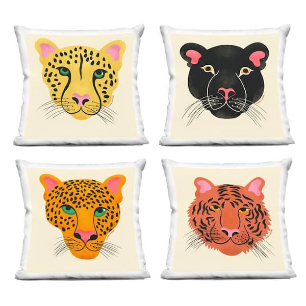 Modern Jungle Wildlife Faces Multi-Color Abstract Polyester 18 in. x 18 in. Throw Pillow Set of 4