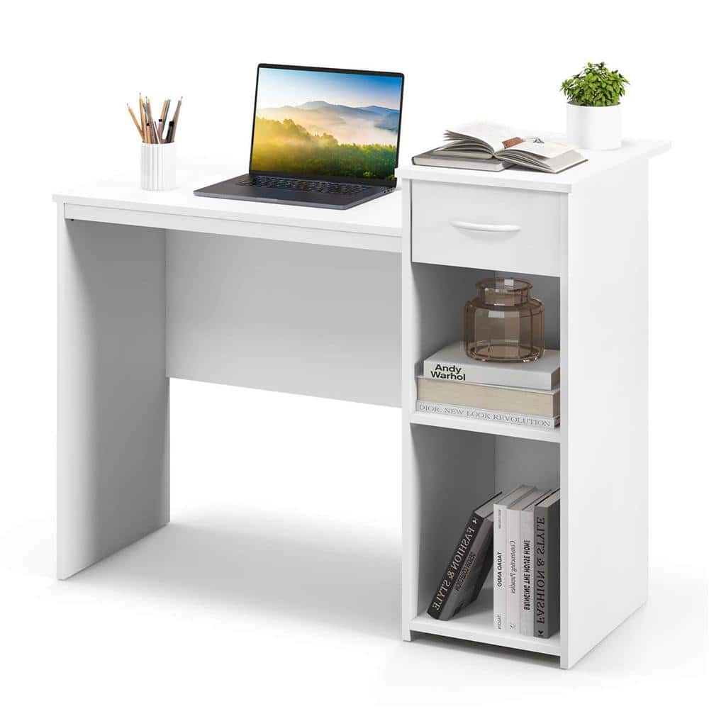 43.5 in. Rectangular White Wood 1-Drawer Desk with Adjustable Shelf and Cable Hole