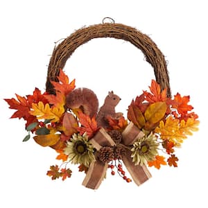 26 in. Orange Fall Harvest Artificial Autumn Wreath with Twig Base and Bunny