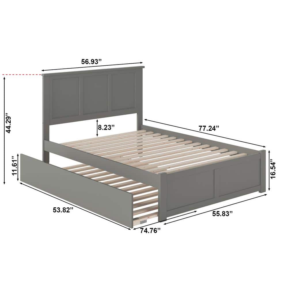 Grey Full Platform Bed with Wood Headboard and Trundle