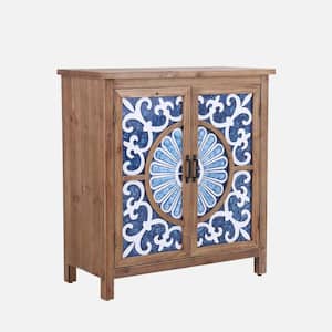 Floral Blue Accent Storage Cabinet with Wood Frame