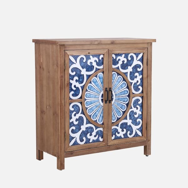 PHI VILLA Floral Blue Accent Storage Cabinet with Wood Frame