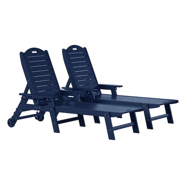Brighton Outdoor Patio Navy Blue Poly Plastic Set of 2 Reclining Chaise Lounge Cup Holder Pool Chairs w/ Wheels