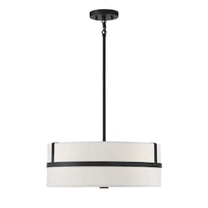 20 in. W x 8 in. H 4-Light Matte Black Shaded Pendant Light with White Drum Fabric Shade