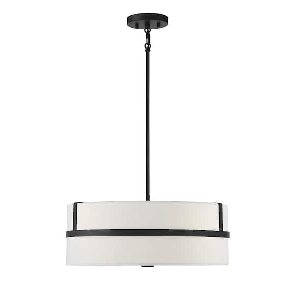 20 in. W x 8 in. H 4-Light Matte Black Shaded Pendant Light with White Drum Fabric Shade