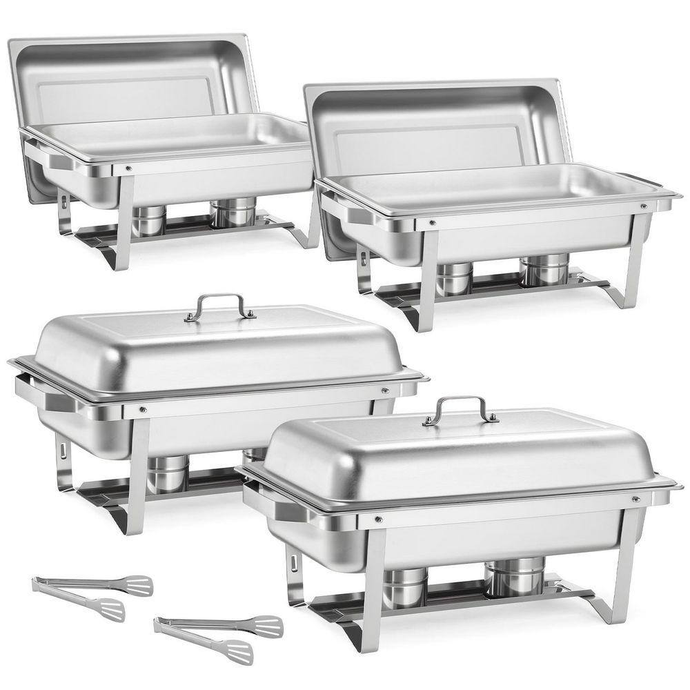 4-Pack 9 qt. Stainless Steel Rectangle Chafing Dishes with Hollow Handle, 2 Food Tongs, Lid